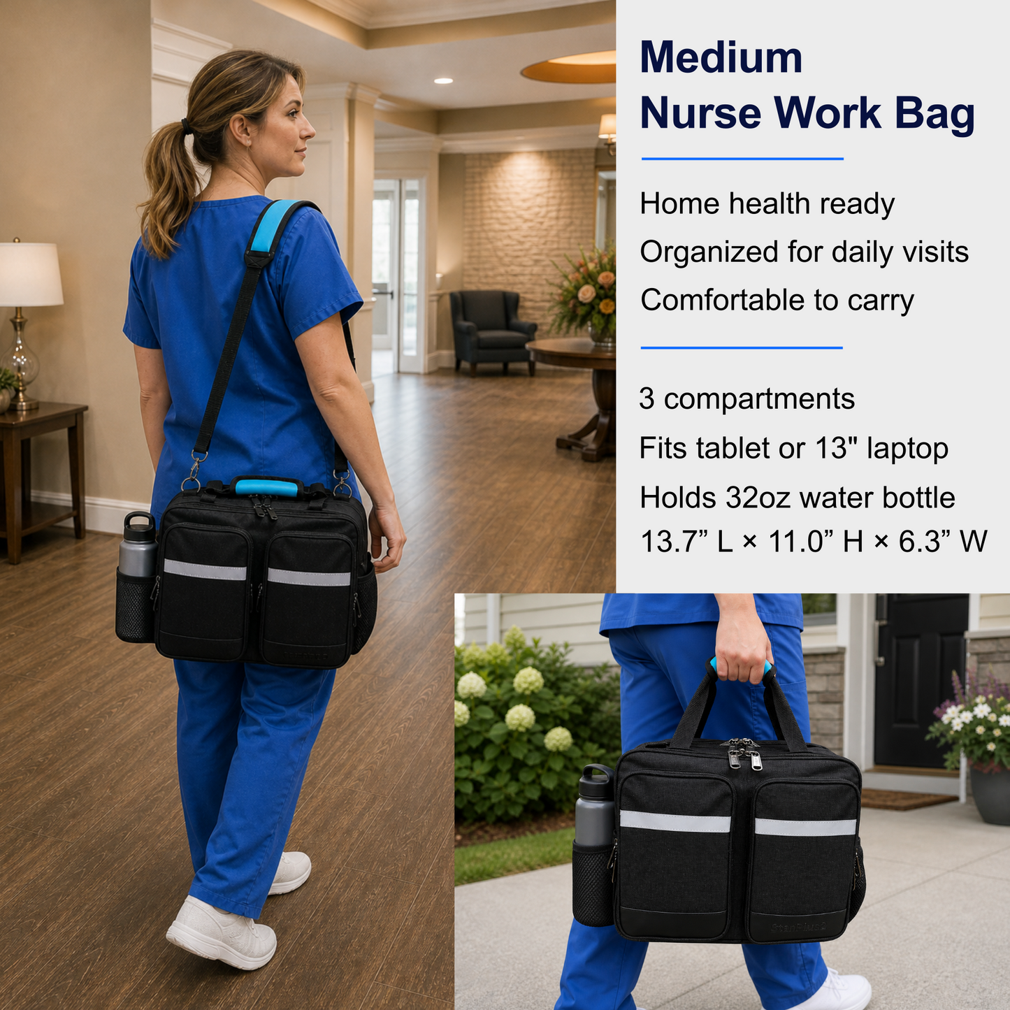 Medium Professional Nurse Shoulder Bag, 3 Compartments, Comfort Features