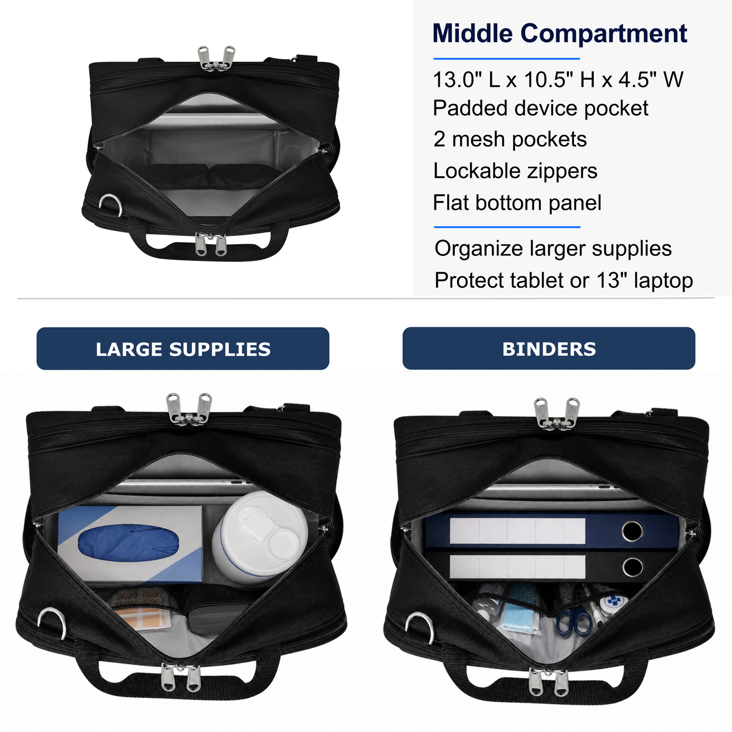 Medium Professional Nurse Shoulder Bag, 3 Compartments, Comfort Features