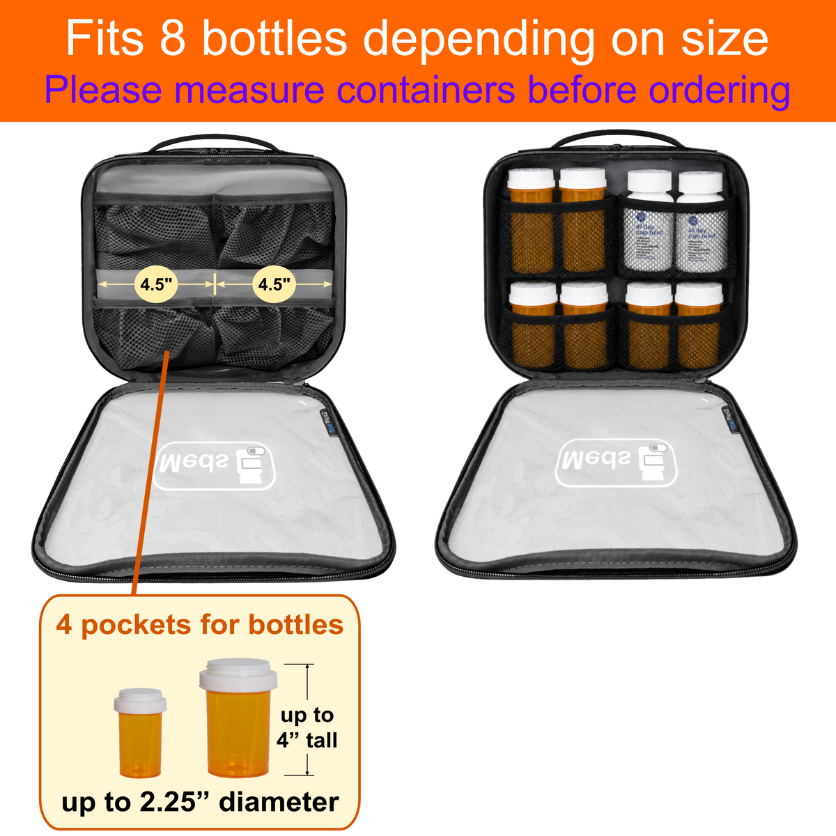 Medium 2-Compartment Clear TPU Pill Bottle Organizer Bag