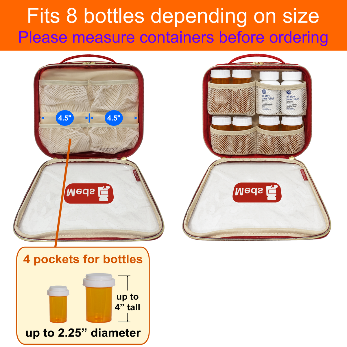 Medium 2-Compartment Clear TPU Pill Bottle Organizer Bag