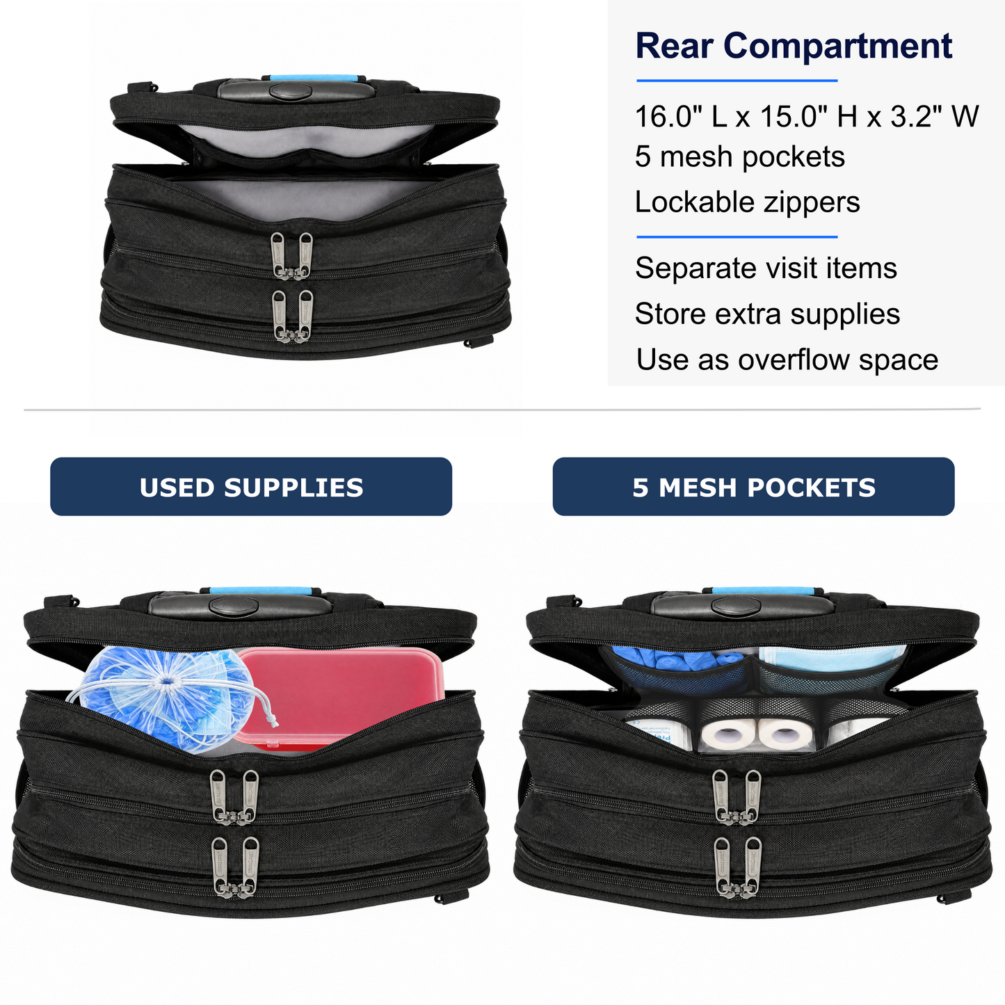 Professional Rolling Nurse Bag, Large Capacity, 4 Lockable Compartments, Telescope Handle, TSA Lock, Shoulder Strap