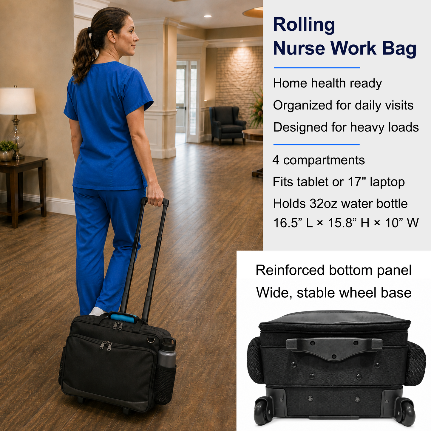 Professional Rolling Nurse Bag, Large Capacity, 4 Lockable Compartments, Telescope Handle, TSA Lock, Shoulder Strap