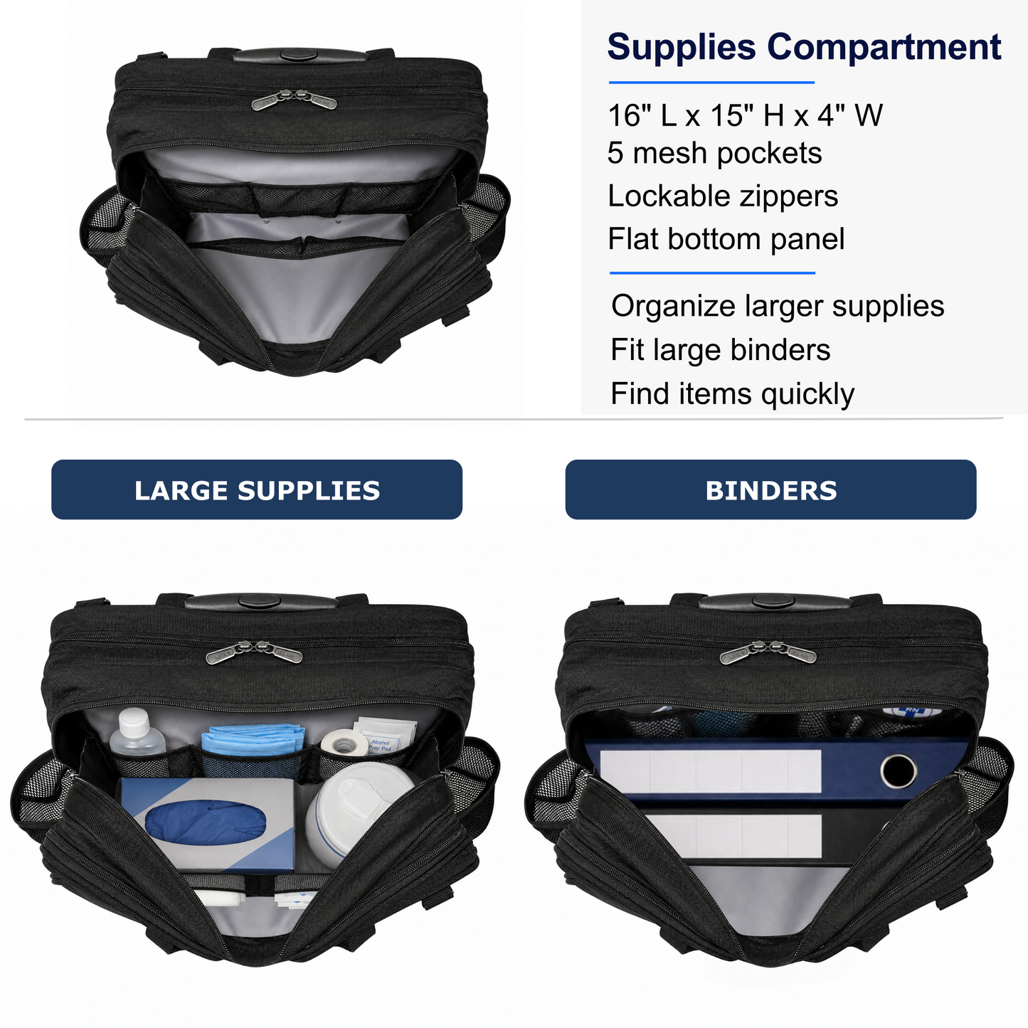 Professional Rolling Nurse Bag, Large Capacity, 4 Lockable Compartments, Telescope Handle, TSA Lock, Shoulder Strap
