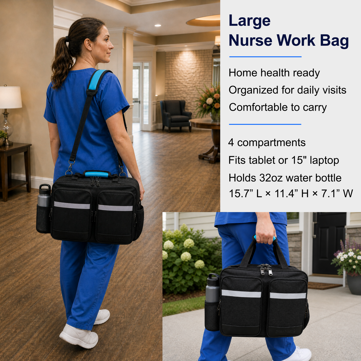 Large Professional Nurse Shoulder Bag, 4 Compartments, Comfort Features